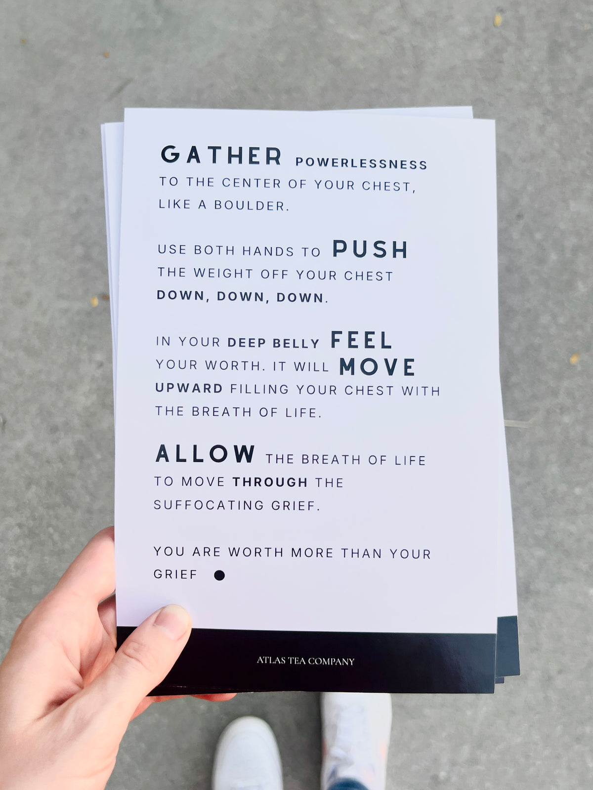 The back of the With You card, printed with a four-step practice ending: you are worth more than your grief.