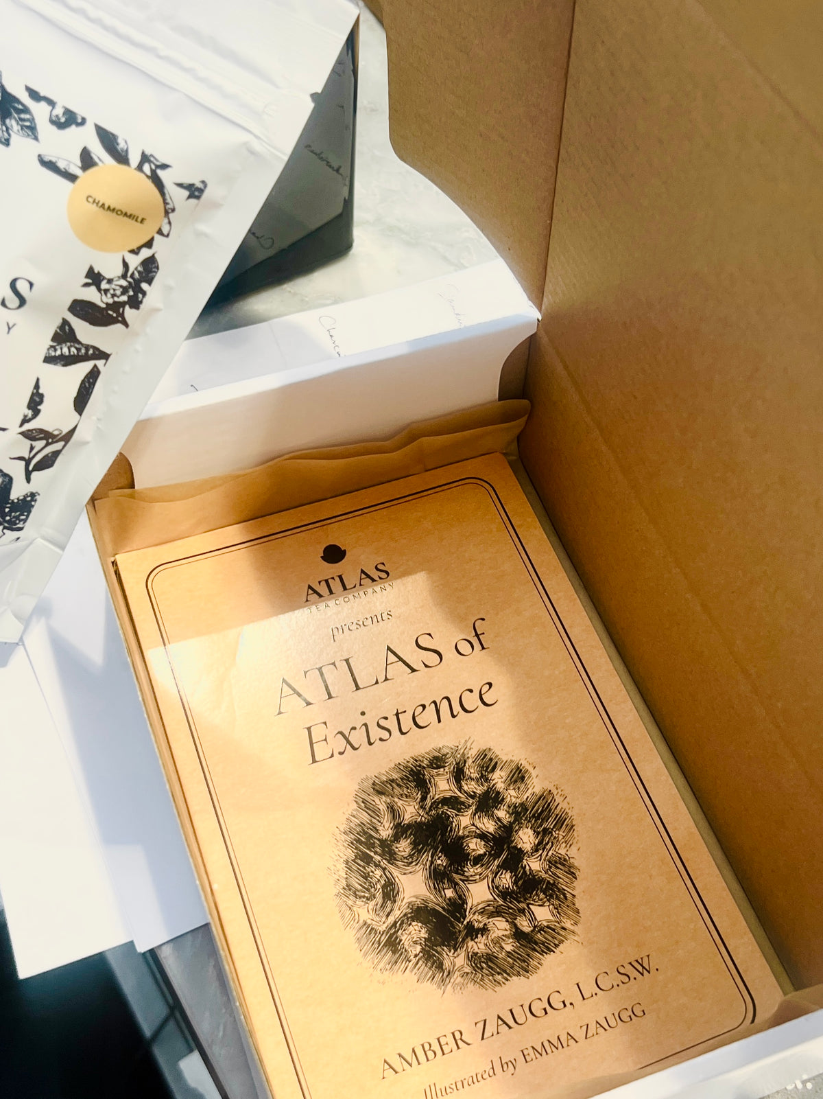 A copy of The Atlas of Existence by Amber Zaugg, illustrated by Emma Zaugg, packed in an open Comfort Box beside a pouch of tea.